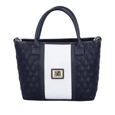 Mala de mão azul escura acolchoada com faixa branca central e placa dourada Cavalinho