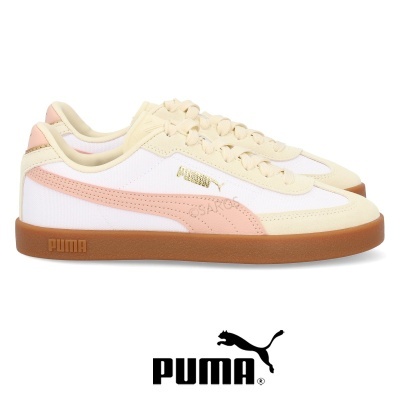 Ténis Puma branco com detalhes rosa e bege, sola castanha e logótipo Puma
