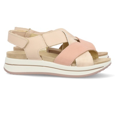 Sandálias de senhora bege e rosa com sola branca e fecho de velcro