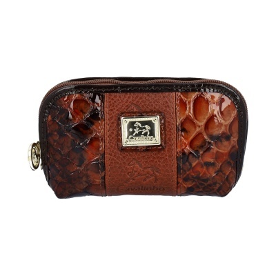 Bolsa pequena castanha em couro com textura de pele de réptil e placa metálica dourada Cavalinho