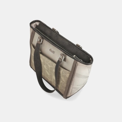 Mala tote bege e castanha com alças castanhas e fecho de correr