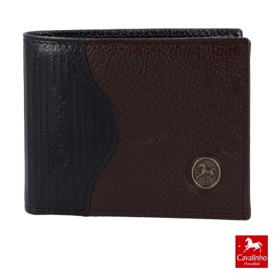 Carteira bicolor em pele castanha e preta com emblema metálico Cavalinho