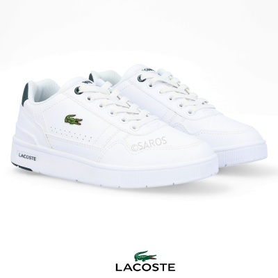 Ténis brancos Lacoste com logótipo crocodilo verde e detalhes pretos