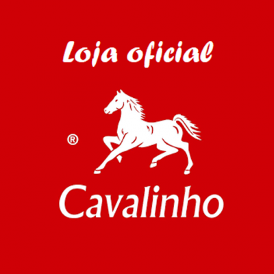 Logo da loja oficial Cavalinho em fundo vermelho com cavalo branco estilizado
