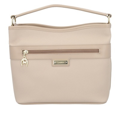 Mala de mão bege claro com fecho e placa metálica da marca Castelinho