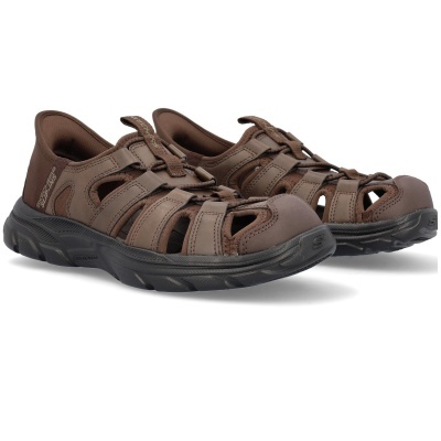 Sandálias Skechers marrons com solado preto e tiras largas ajustáveis