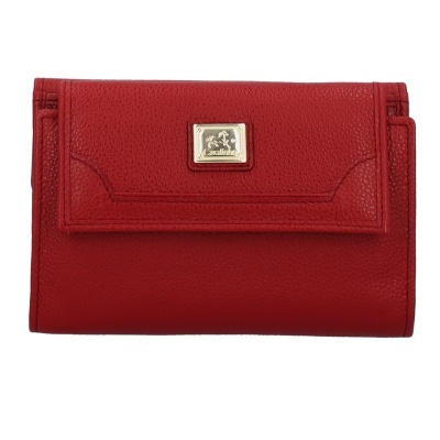 Carteira vermelha em pele com peça metálica dourada com texto