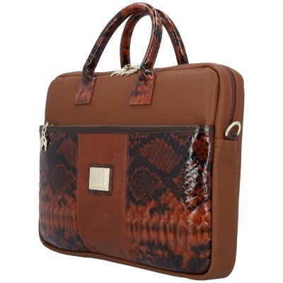 Mala de mão castanha com padrão pele de cobra e alças combinando