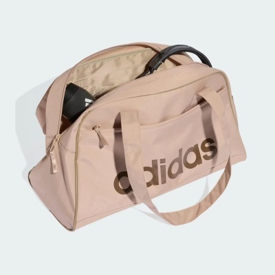 Mala desportiva rosa claro com logotipo adidas preto e interior com garrafa preta