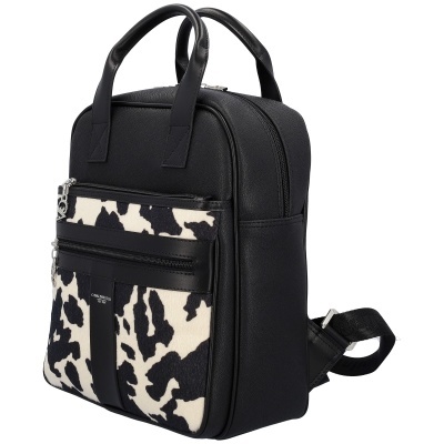 Mochila preta com padrão branco e preto, bolsos com fecho zip