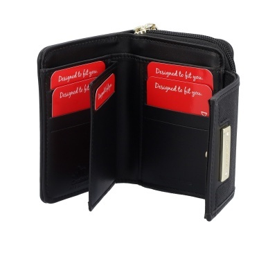 Carteira preta de couro aberta com cartões vermelhos dentro