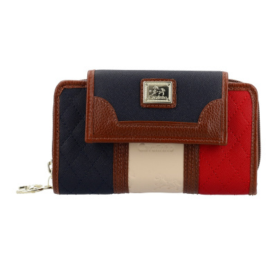 Carteira bicolor azul escuro, vermelho e castanho com emblema Cavalinho