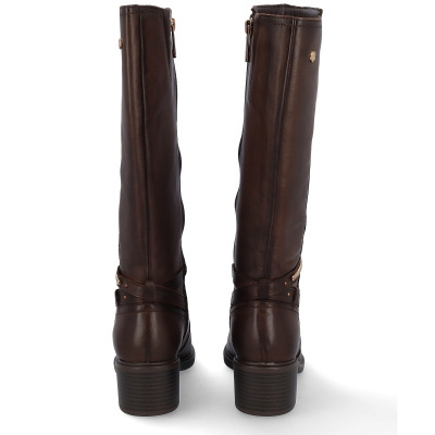 Botas femininas altas castanhas escuras em pele com salto médio