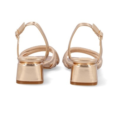 Sandálias douradas femininas com salto médio bloco e tira ajustável.
