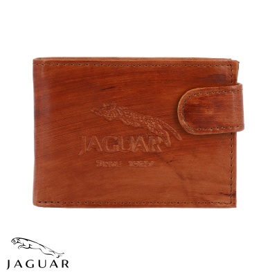 Carteira de pele castanha com fecho e logótipo Jaguar em fundo branco