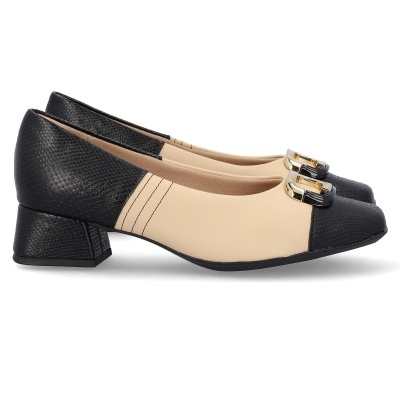 Sapatos de salto médio com biqueira preta texturizada e parte central bege.