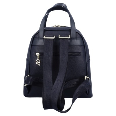 Mochila pequena preta vista de trás com alças e fecho metálico