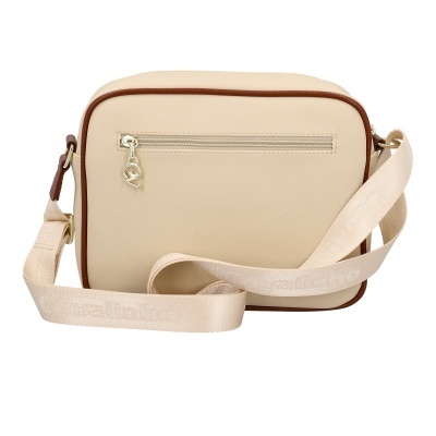 Mala de ombro bege com acabamento em marron e alca ajustavel