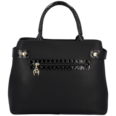 Mala de senhora preta com detalhes em padrão crocodilo e fecho de correr frontal