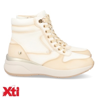 Ténis cano alto creme e bege com atacadores e sola larga