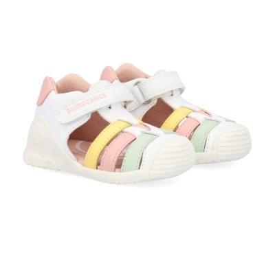 Sandálias infantis Biomecanics brancas multicoloridas com fecho de velcro
