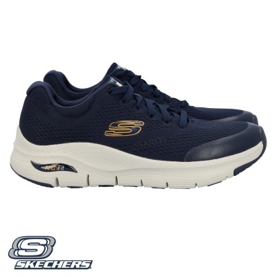 Sapatilhas Skechers azuis com sola branca e logótipo dourado