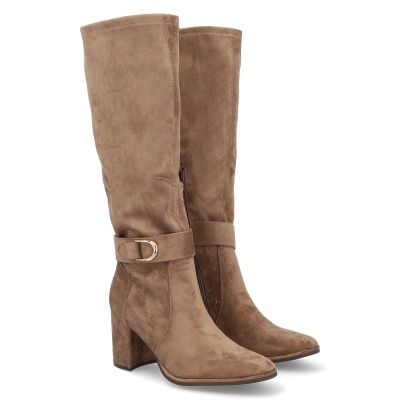 Botas femininas altas em camurça marrom claro com salto grosso e fivela