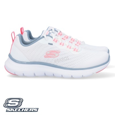Ténis Skechers feminino branco com detalhes rosa e cinza