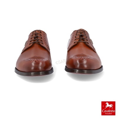 Par de sapatos sociais de couro castanho com padrão perfurado no bico