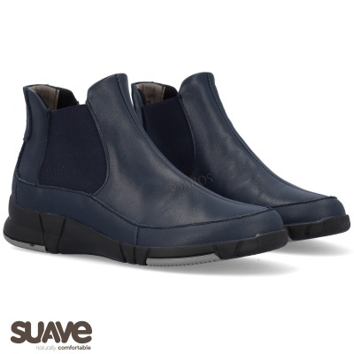 botas Chelsea femininas em couro azul escuro com laterais elásticas e sola preta