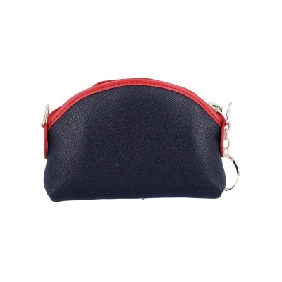 Carteira pequena azul escuro com fecho vermelho e argola metálica