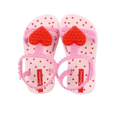 Sandálias infantis rosa e vermelho com corações e logo Ipanema
