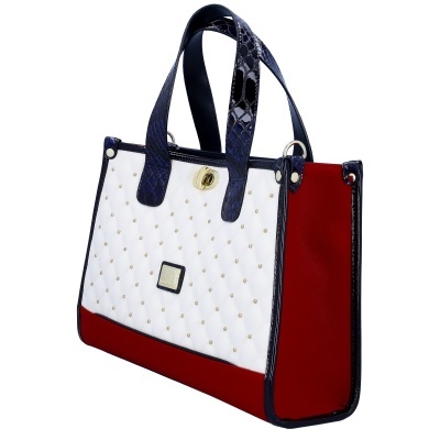 Mala de mão tricromática com rebites dourados e alças azuis escuras