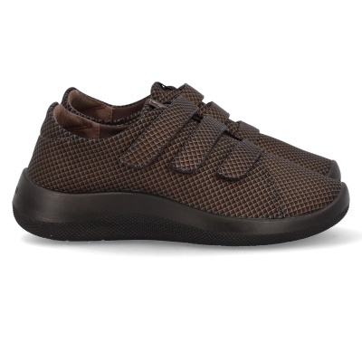 Sapatilhas castanho escuro com textura e três tiras de velcro
