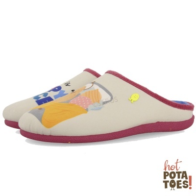 Chinelos de quarto bege com sola bordeaux e estampa colorida e texto