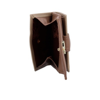 Carteira em pele castanha clara com interior castanho e fecho metálico dourado