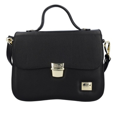 Mala preta em pele sintética com fecho e placa dourada