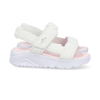 Sandálias brancas unissexo com solado espesso e palmilha rosa