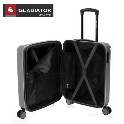 Mala de viagem rígida cinza aberta com rodas e pega telescópica