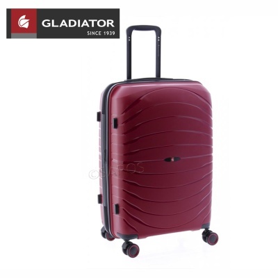 Mala de viagem rígida vermelha com rodas e alça telescópica preta e logo GLADIATOR