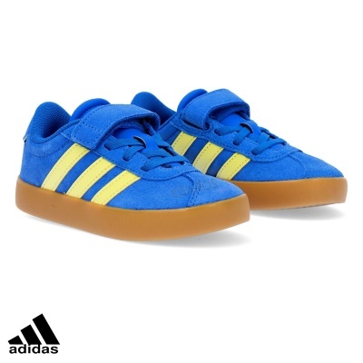 Sapatilhas Adidas infantis azul royal e amarelas com sola castanha clara