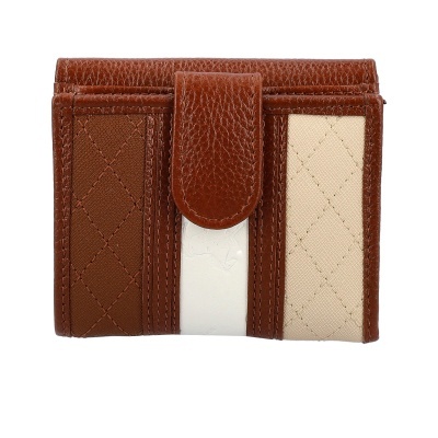 Carteira de senhora castanha com padrão xadrez em tecido e fecho aba em pele