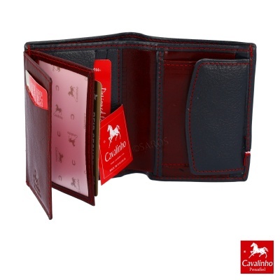Carteira Cavalinho em couro castanho com interior preto e vermelho e várias divisórias
