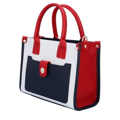 Mala de mão tricolor vermelho, branco e azul escuro com bolso frontal e pegas duplas