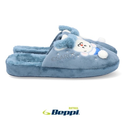 Pantufas azuis com desenho de coelho e interior felpudo