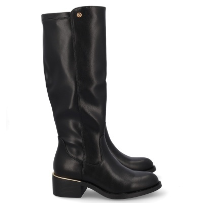 Botas altas pretas em couro com salto médio e detalhe dourado