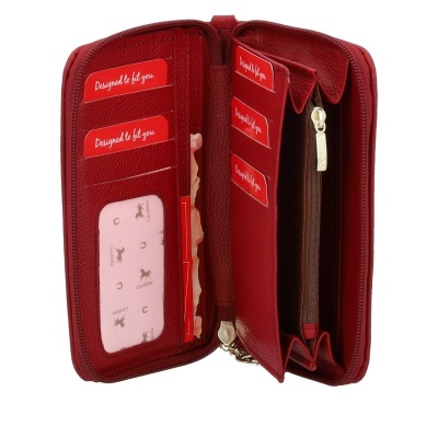 Carteira vermelha de pele com divisórias internas e fecho de correr aberta