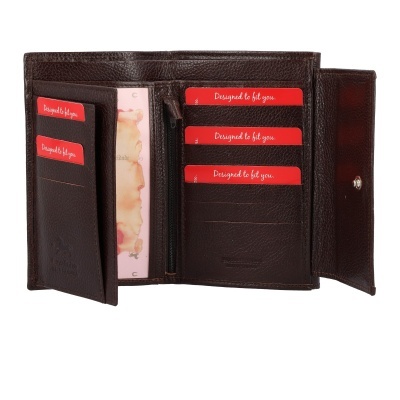 Carteira de couro castanha com cartões vermelhos e fecho