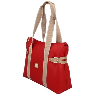Mala de mão vermelha com alças largas bege e detalhe em pele