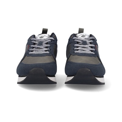 Sapatilhas desportivas azuis e cinzentas vistas de frente